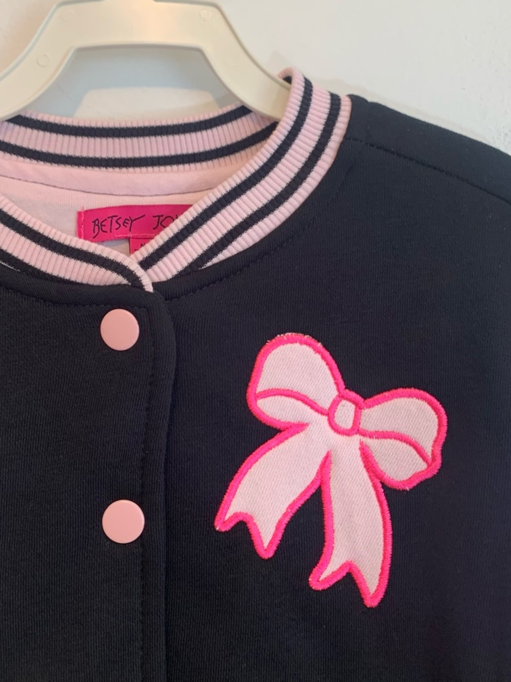 Betsey Johnson Ribbon Sequins Bomber Jacket Pink & Black Girl’s 6 - Picture 3 of 8